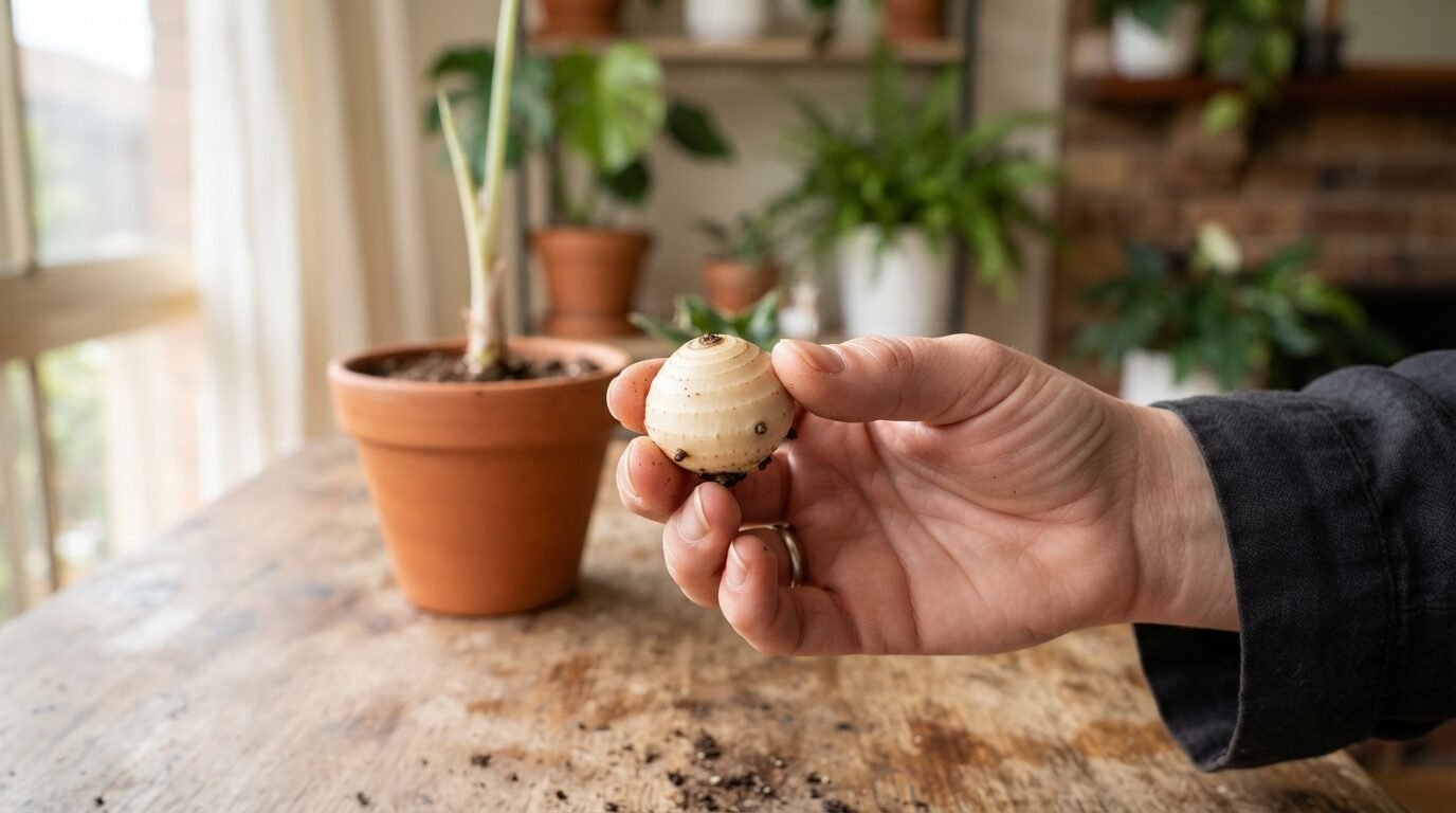 Person holding a cleaned Alocasia corm