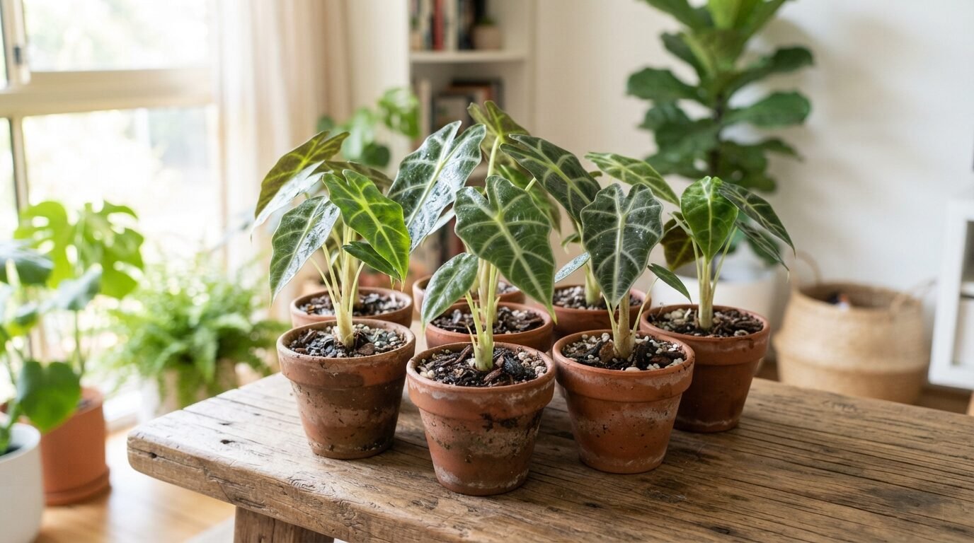 Freshly potted Alocasia divisions grouped on a bench