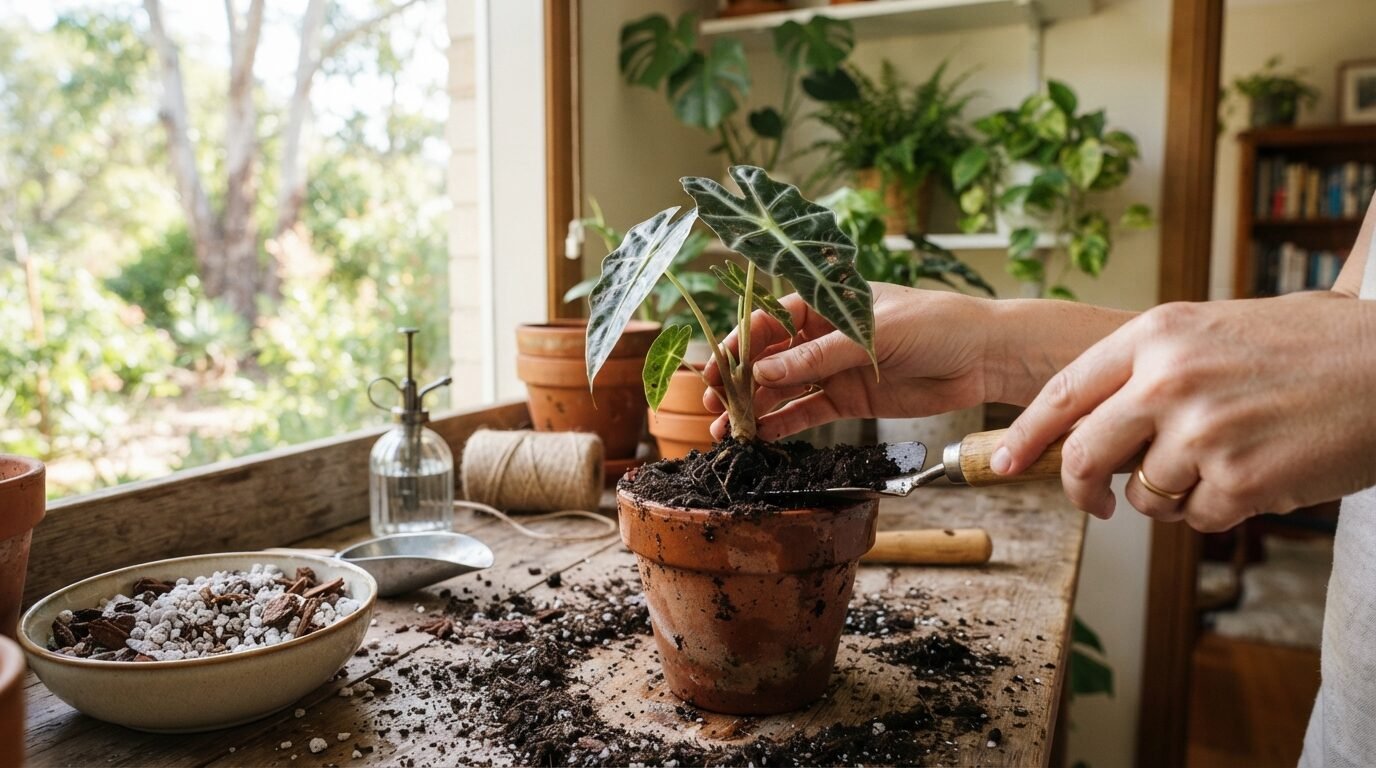 Potting up a small Alocasia division into fresh mix