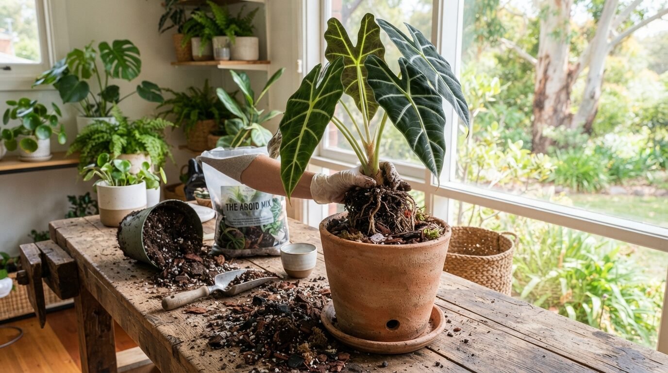 Repotting an Alocasia into a clean pot of fresh mix