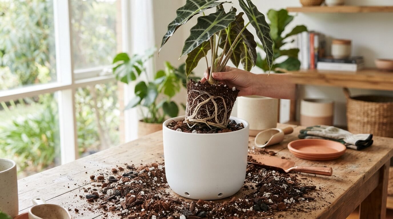 Repotting an Alocasia with loose, free-draining mix