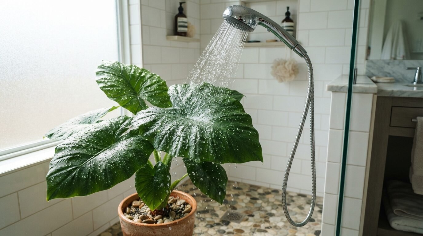 Rinsing an Alocasia's leaves under a shower to remove pests