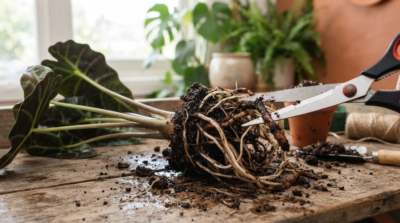 Trimming away rotten Alocasia roots with scissors