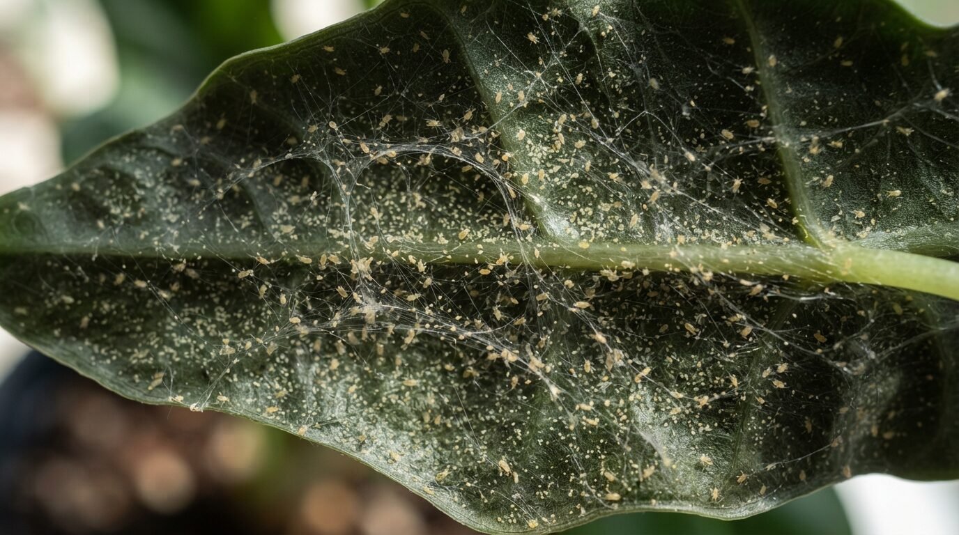 Fine spider-mite webbing on the underside of an Alocasia leaf