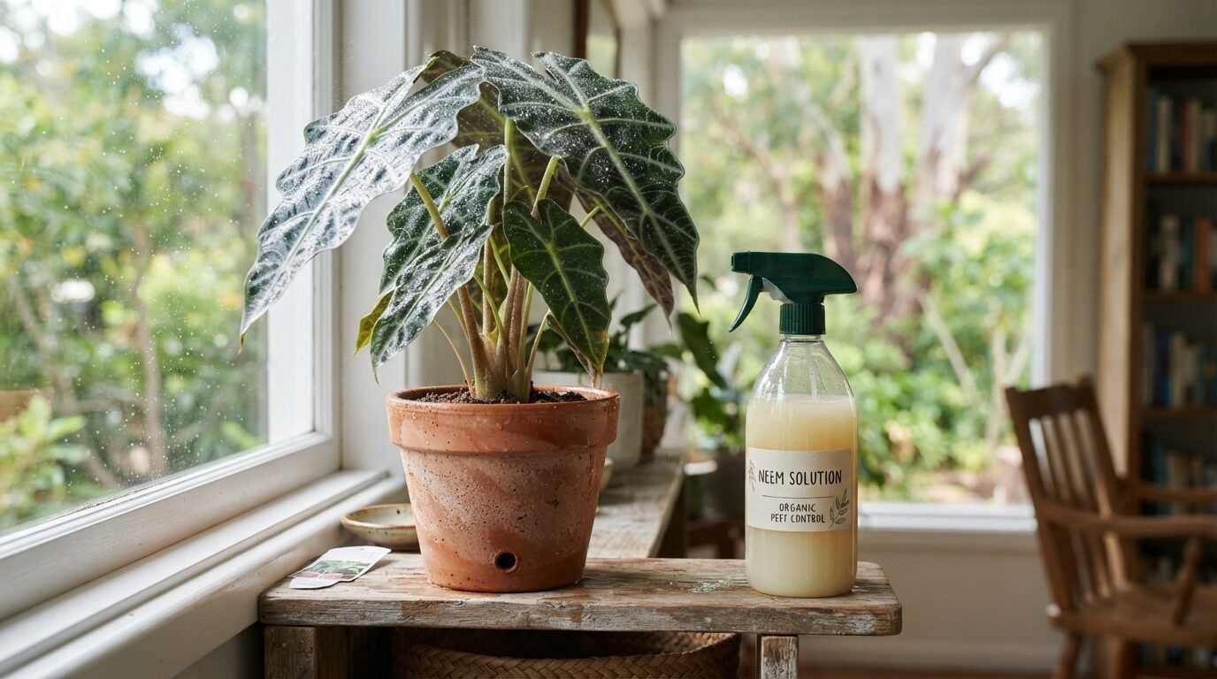 Spraying a neem oil solution onto an Alocasia for pest control