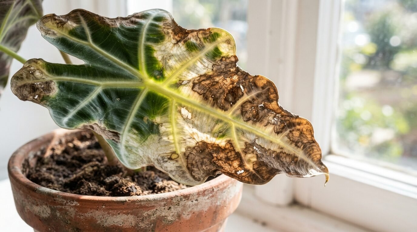 Alocasia leaf scorched and bleached by too much direct sun