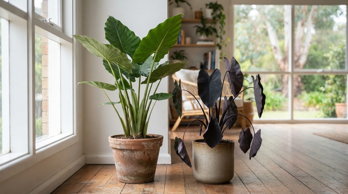 Alocasia and Colocasia side by side showing the leaf-direction difference