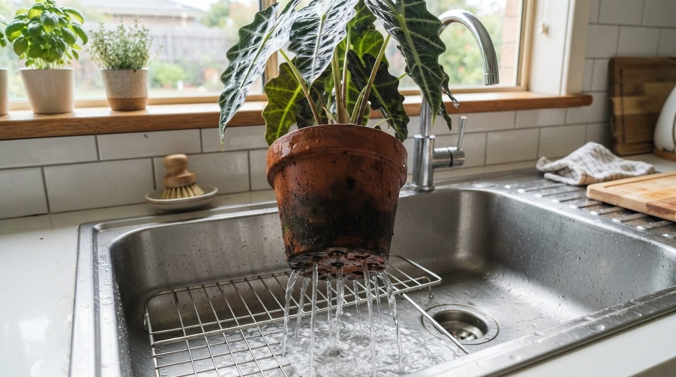 Excess water draining from an Alocasia pot in the sink