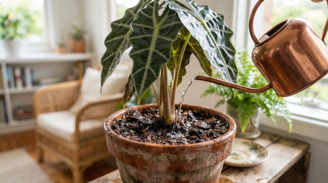 Watering an Alocasia with a watering can indoors