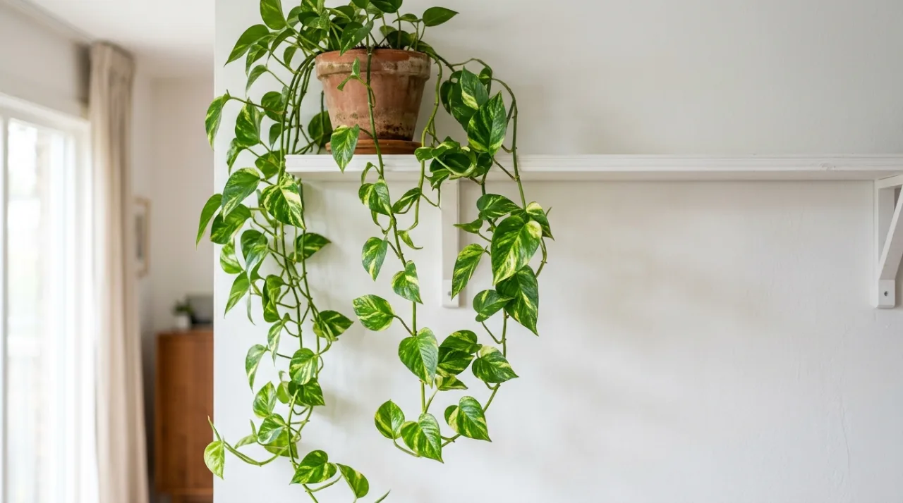 Golden pothos (Devil's Ivy) trailing from a shelf indoors