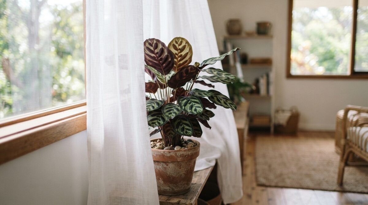 Calathea in soft filtered light behind a sheer curtain