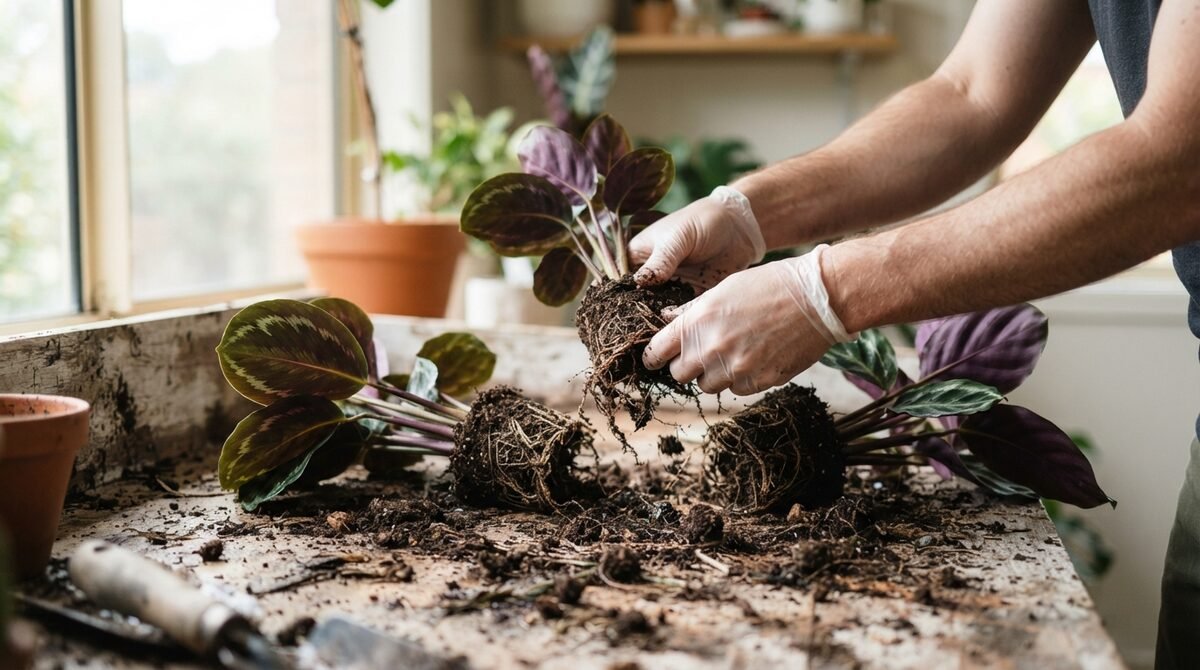 Dividing a Calathea root ball for propagation