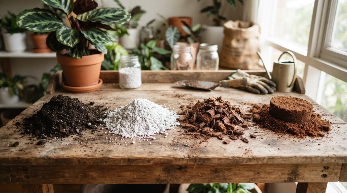Calathea potting mix ingredients: coir, perlite and bark