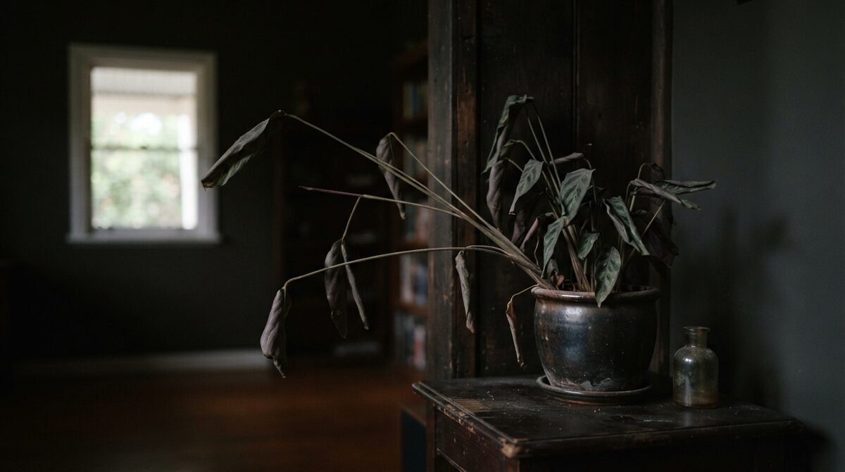 Leggy Calathea stretching toward light in a dim corner