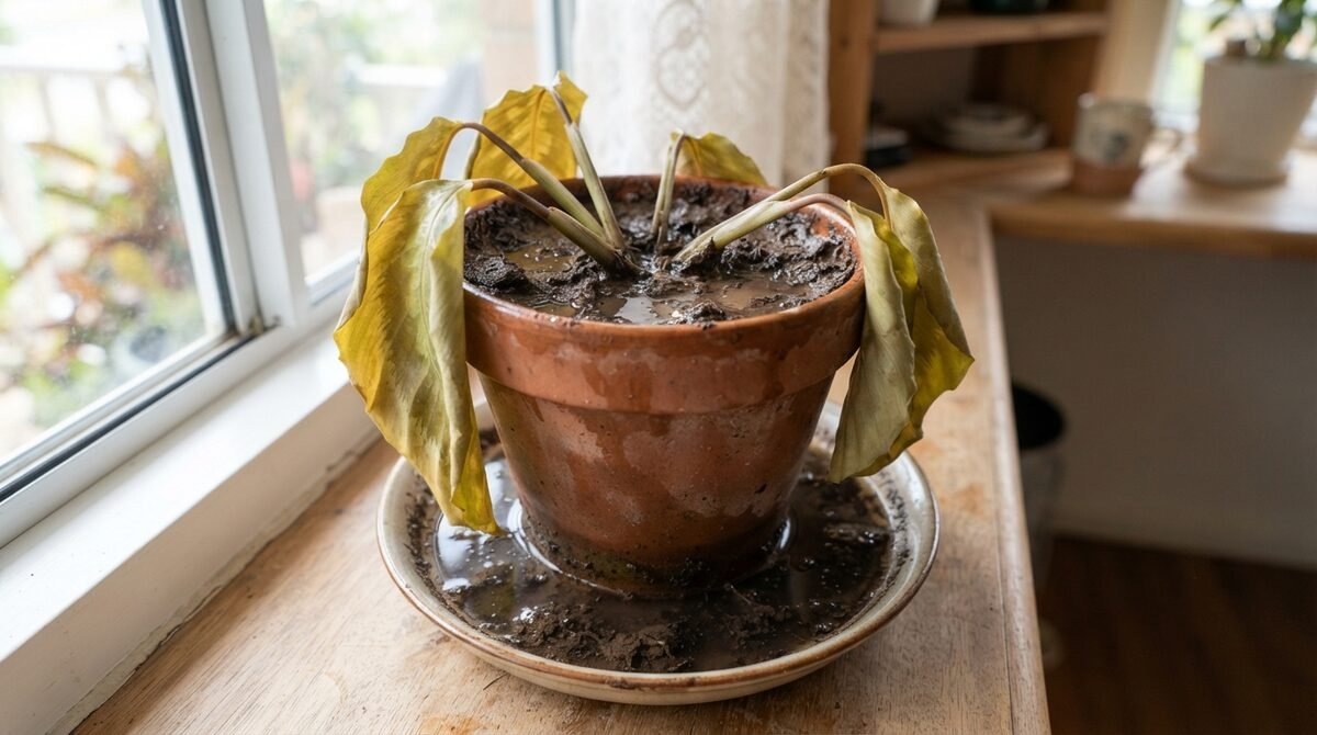 Drooping Calathea with limp leaves in a pot