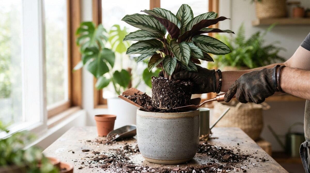 Repotting a Calathea into free-draining mix