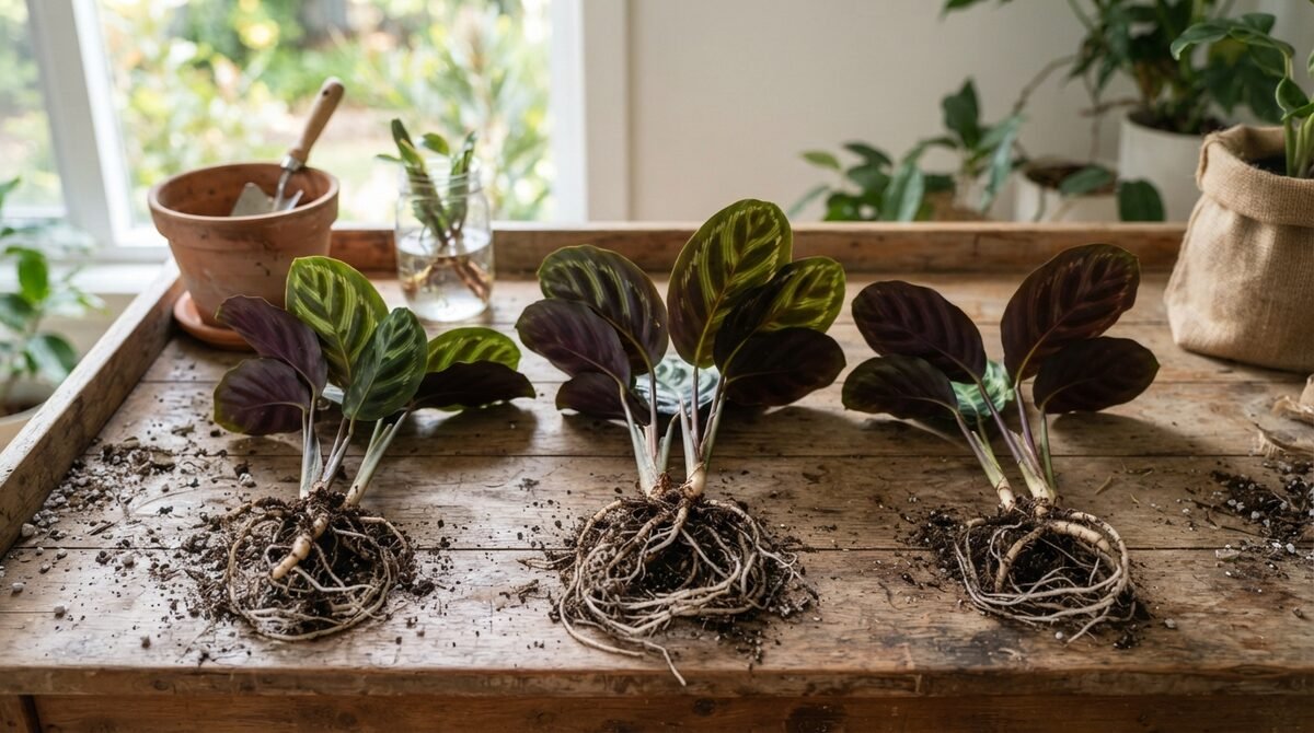 Separated Calathea divisions with their own roots