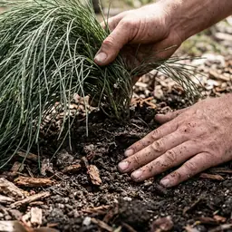 Hands planting a Cousin It groundcover and mulching around it
