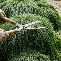 Lightly trimming Cousin It groundcover with shears to keep it dense