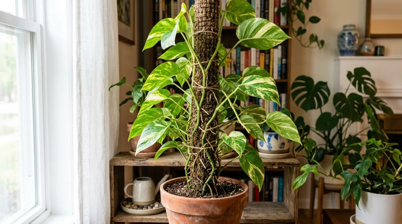 Golden pothos (Devil's Ivy) trailing from a shelf in a bright Australian living room