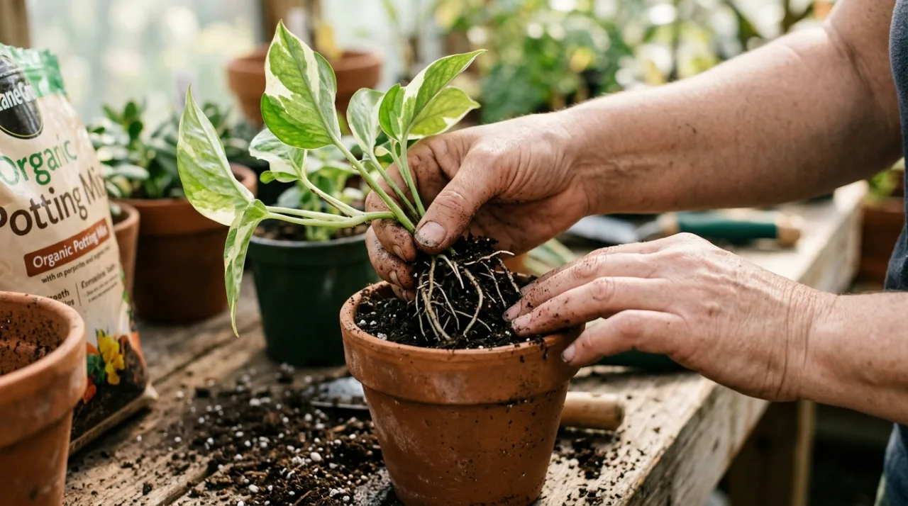 Potting a rooted Devil's Ivy (pothos) cutting into potting mix