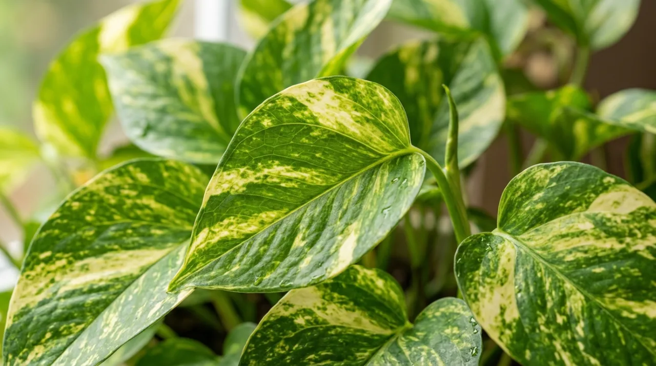 Devil's Ivy (pothos) trained up a moss pole indoors