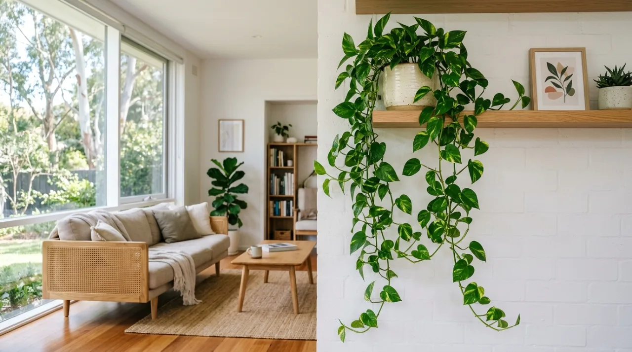 Devil's Ivy (pothos) in a hanging basket near a window