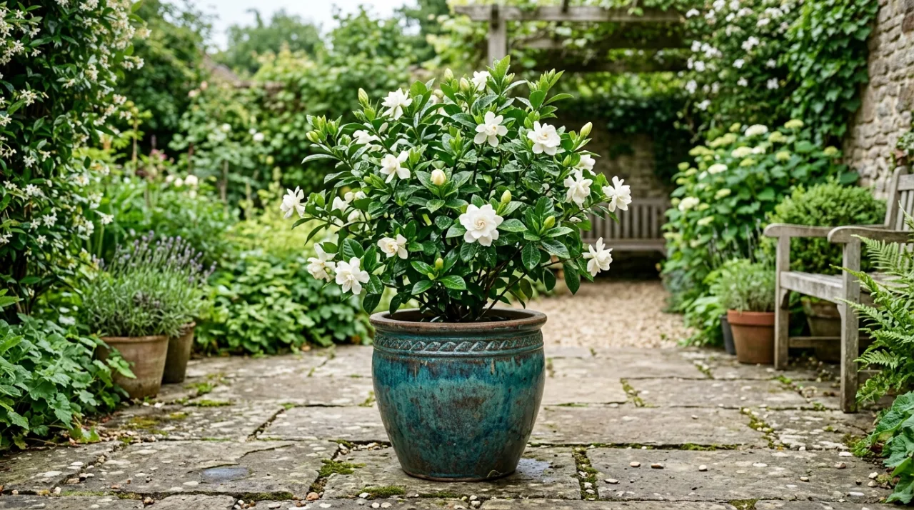 Close-up of a single white double gardenia flower with glossy dark green leaves