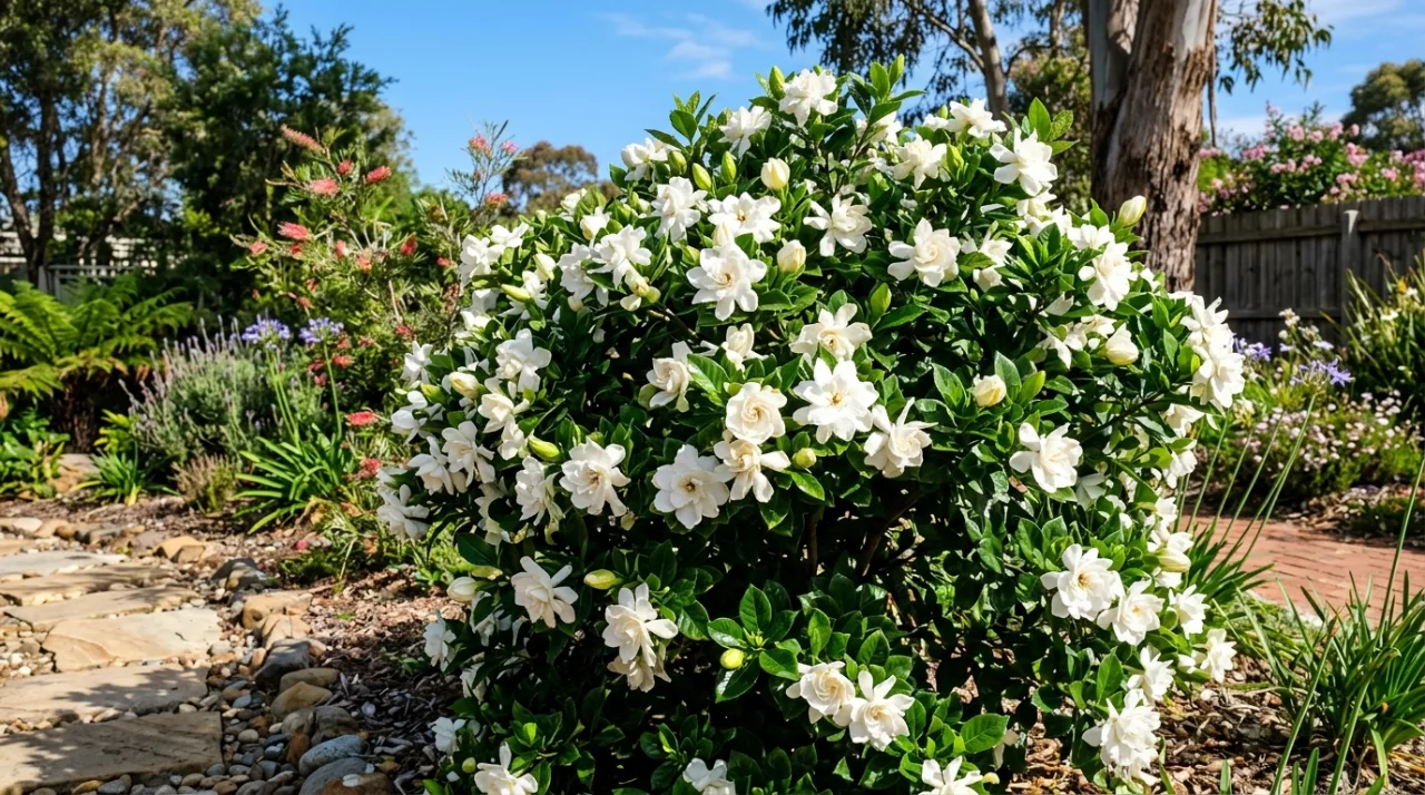 Mulching around the base of a gardenia shrub