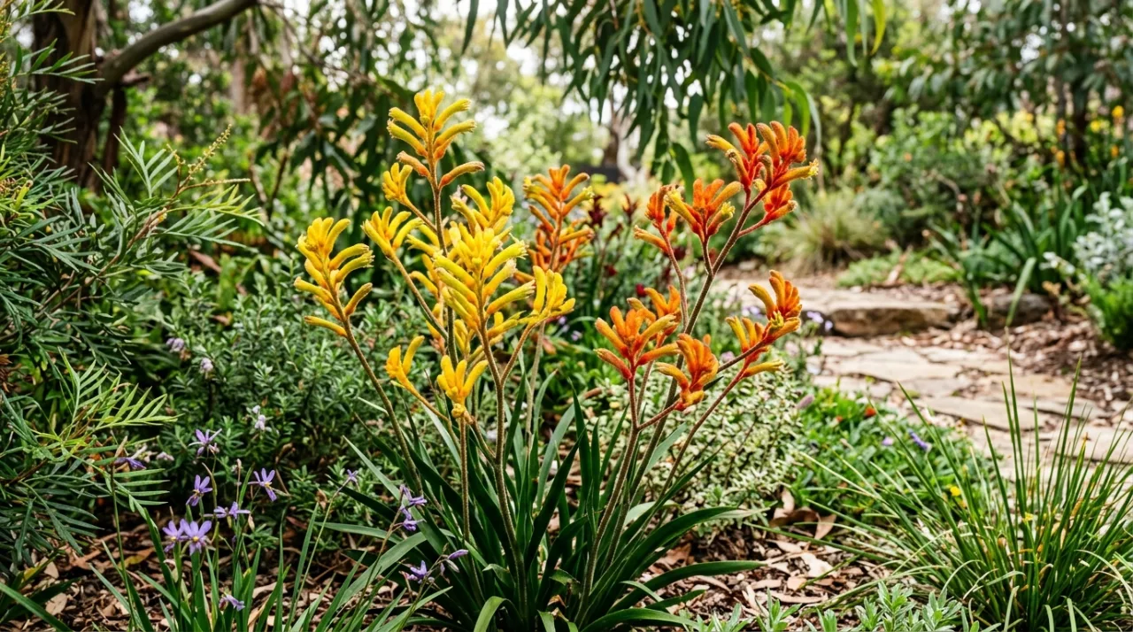 Red and green kangaroo paw flowers on tall stems in a sunny Australian native garden