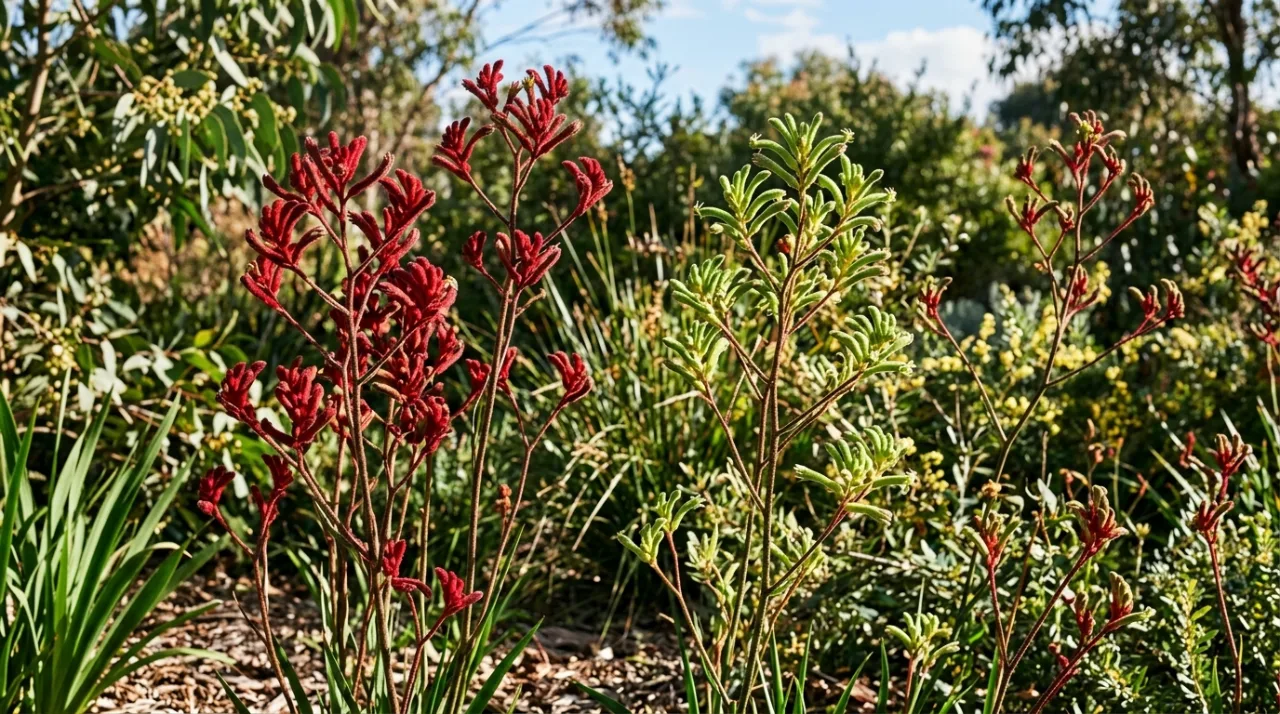 Yellow and orange kangaroo paw flowering in a garden bed
