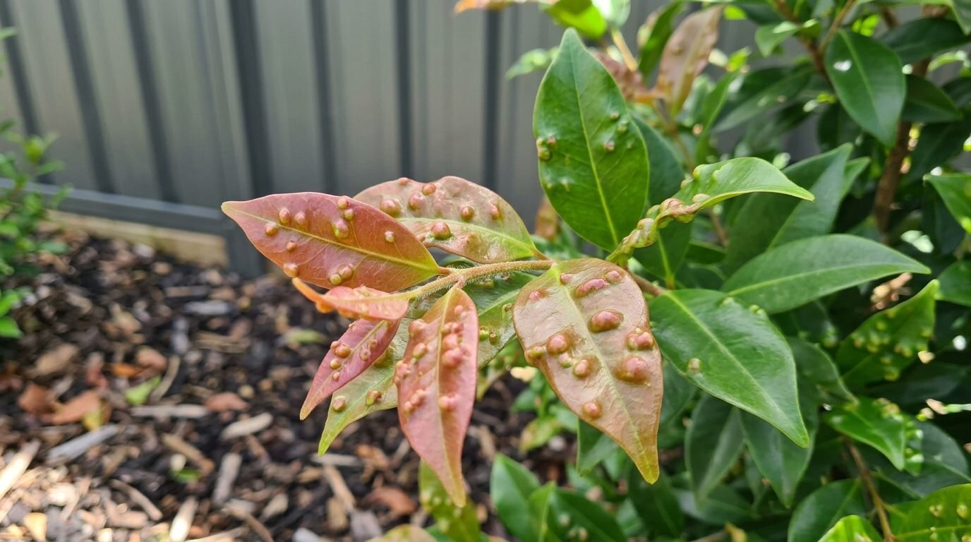 Psyllid pimple-gall bumps on the new growth of a Lilly Pilly hedge in Australia