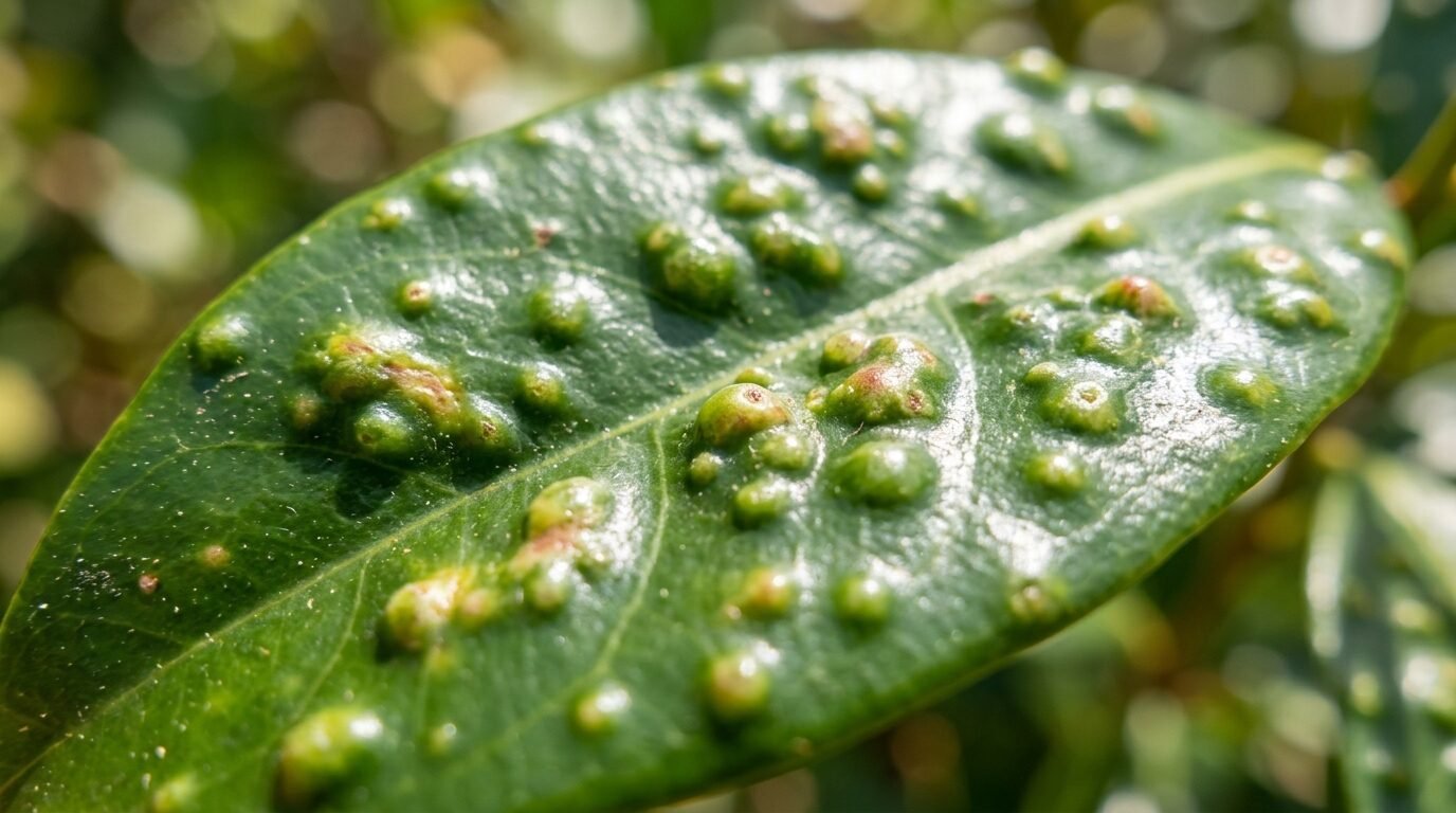 Macro of a Lilly Pilly leaf covered in pimple psyllid galls