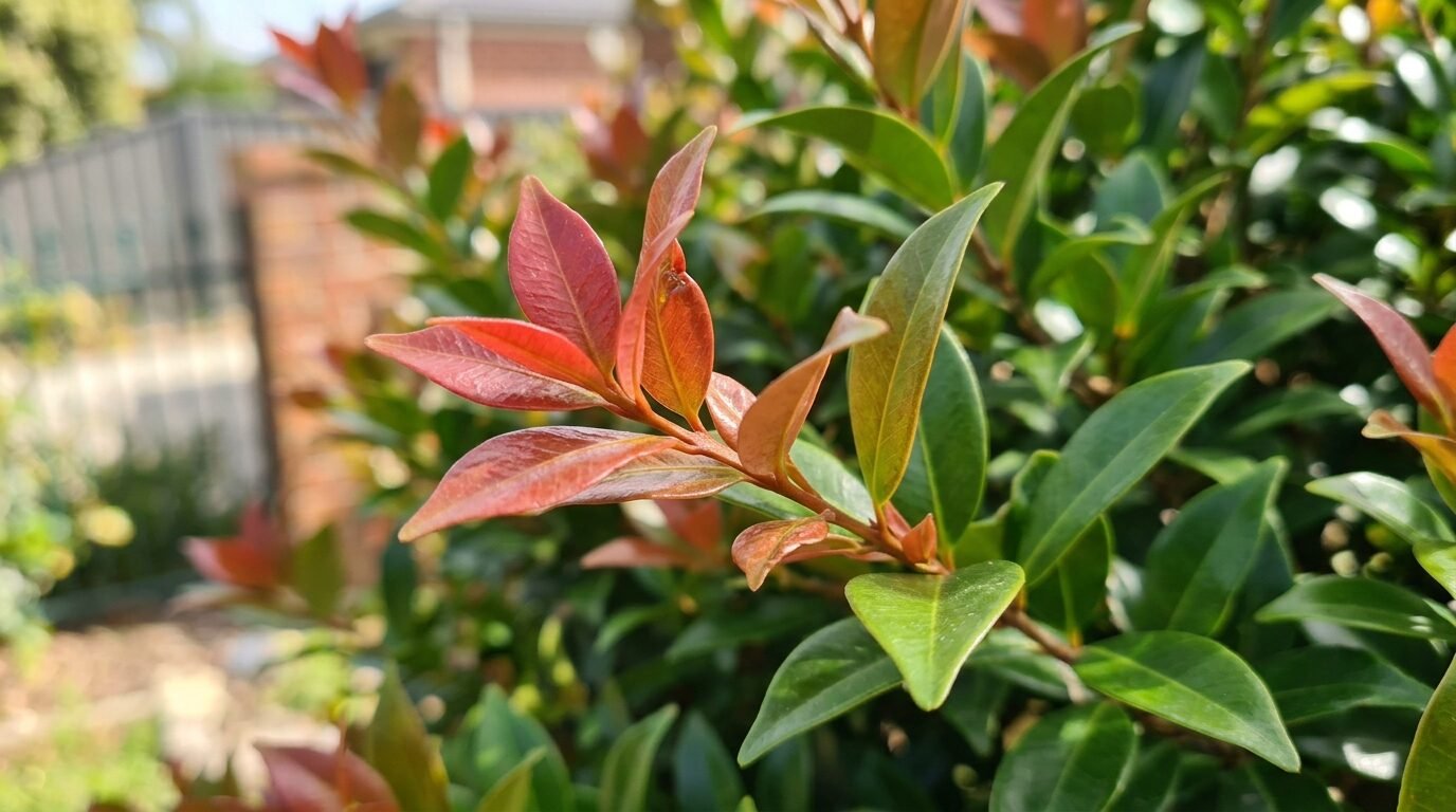 Bronze-red new growth flush on an Australian Lilly Pilly hedge