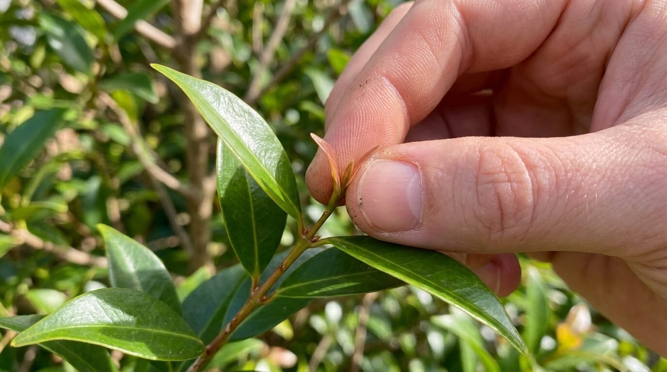 Tip-pruning affected new growth off a Lilly Pilly with secateurs