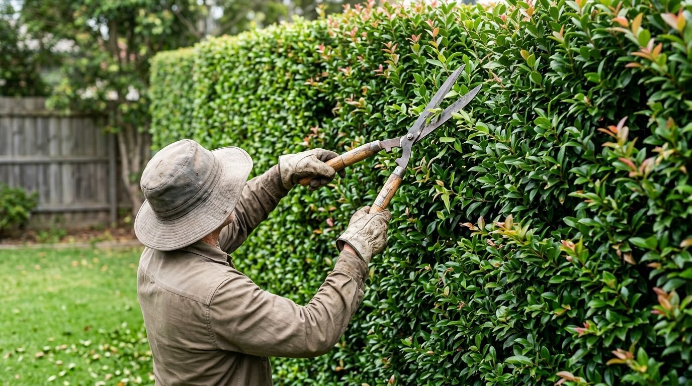 Gardener trimming a Lilly Pilly hedge with hedge shears