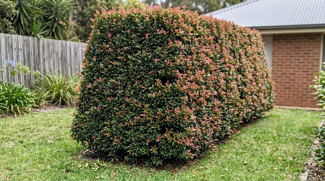 Lilly Pilly hedge trimmed to a wider-at-the-base A-shape profile