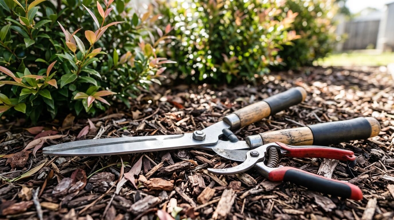 Clean hedge shears and secateurs resting on garden mulch