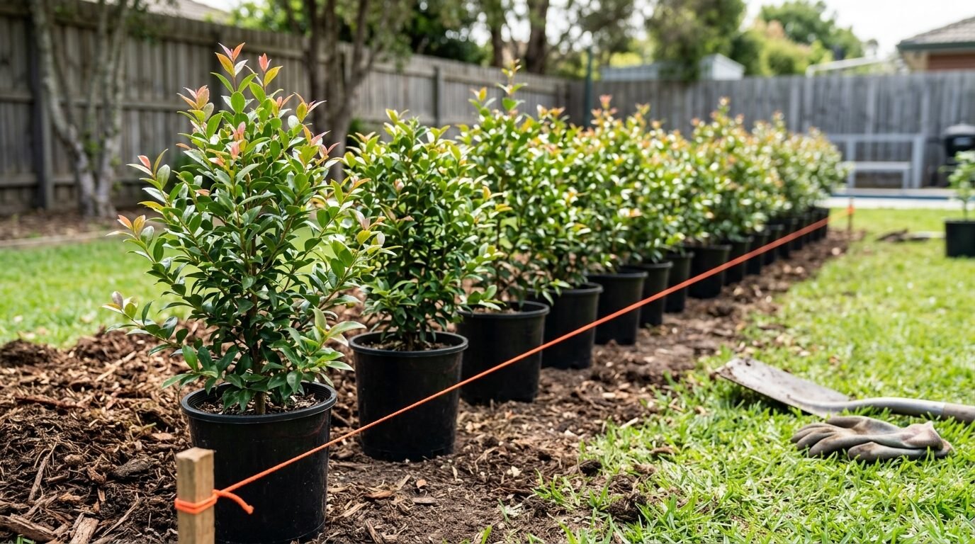Young potted Lilly Pilly plants set out along a string line for a hedge
