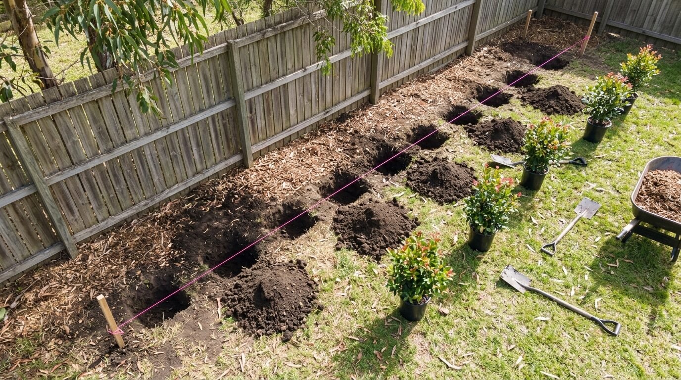 Evenly spaced planting holes dug for a new Lilly Pilly hedge row