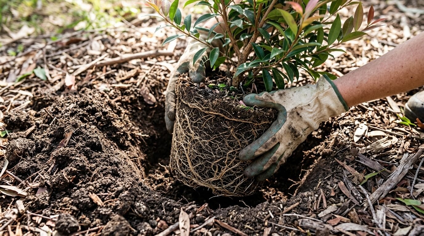 Lowering a Lilly Pilly root ball into a planting hole