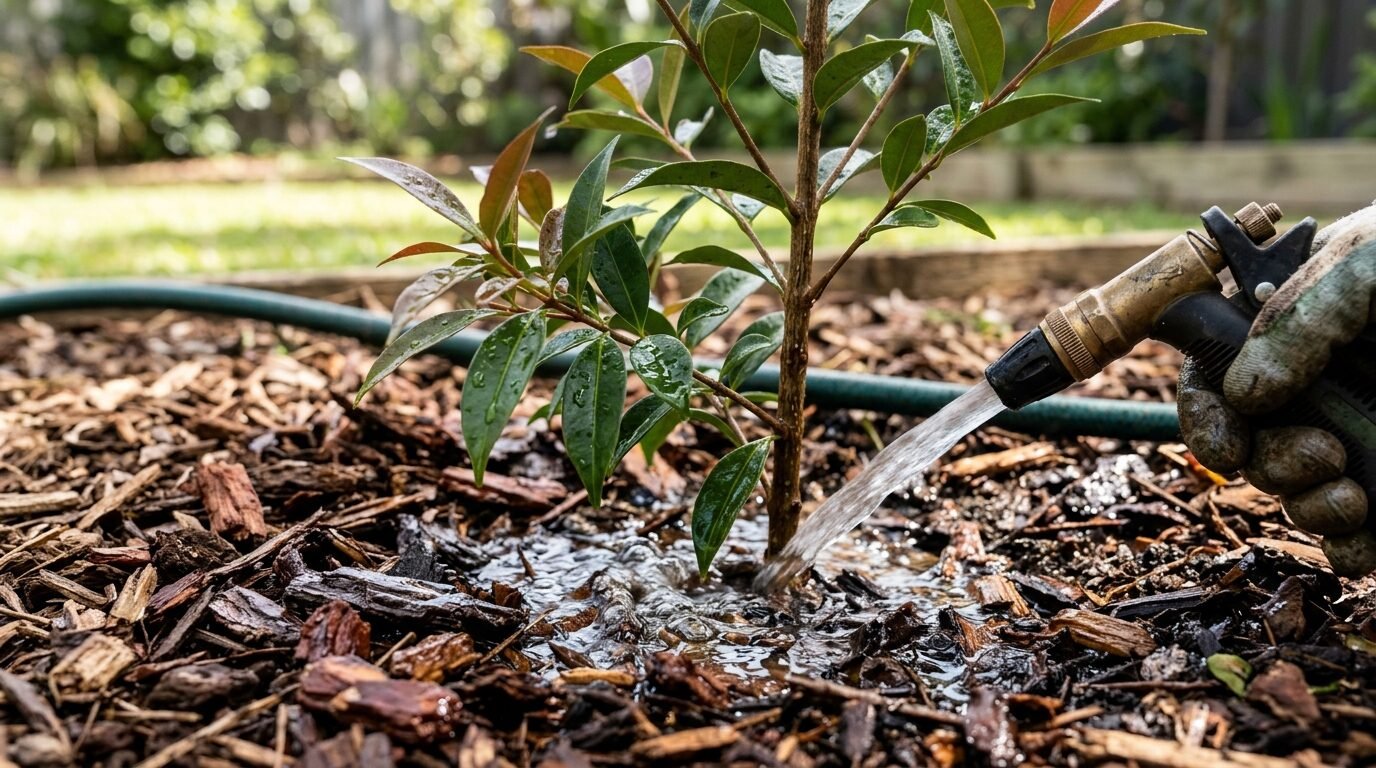 Watering in a newly planted Lilly Pilly and mulching the base