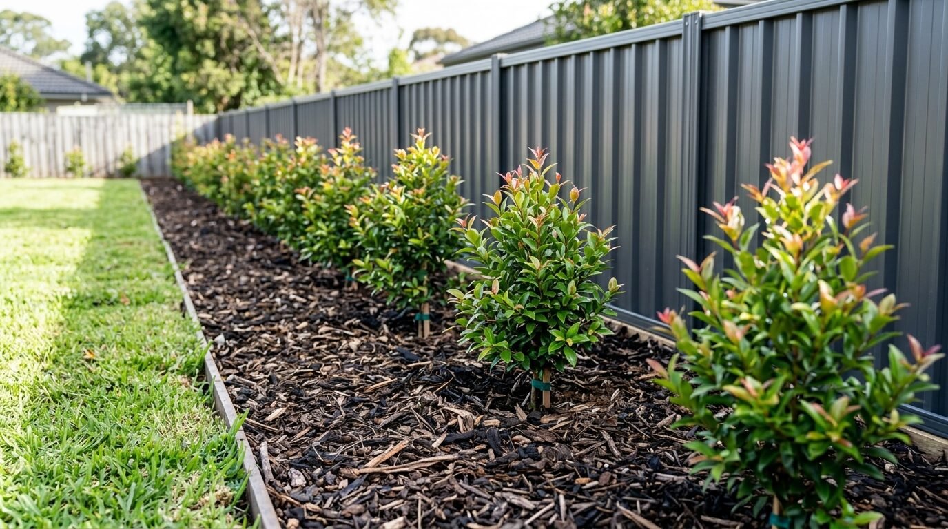 Newly planted single row of young Lilly Pilly along a fence