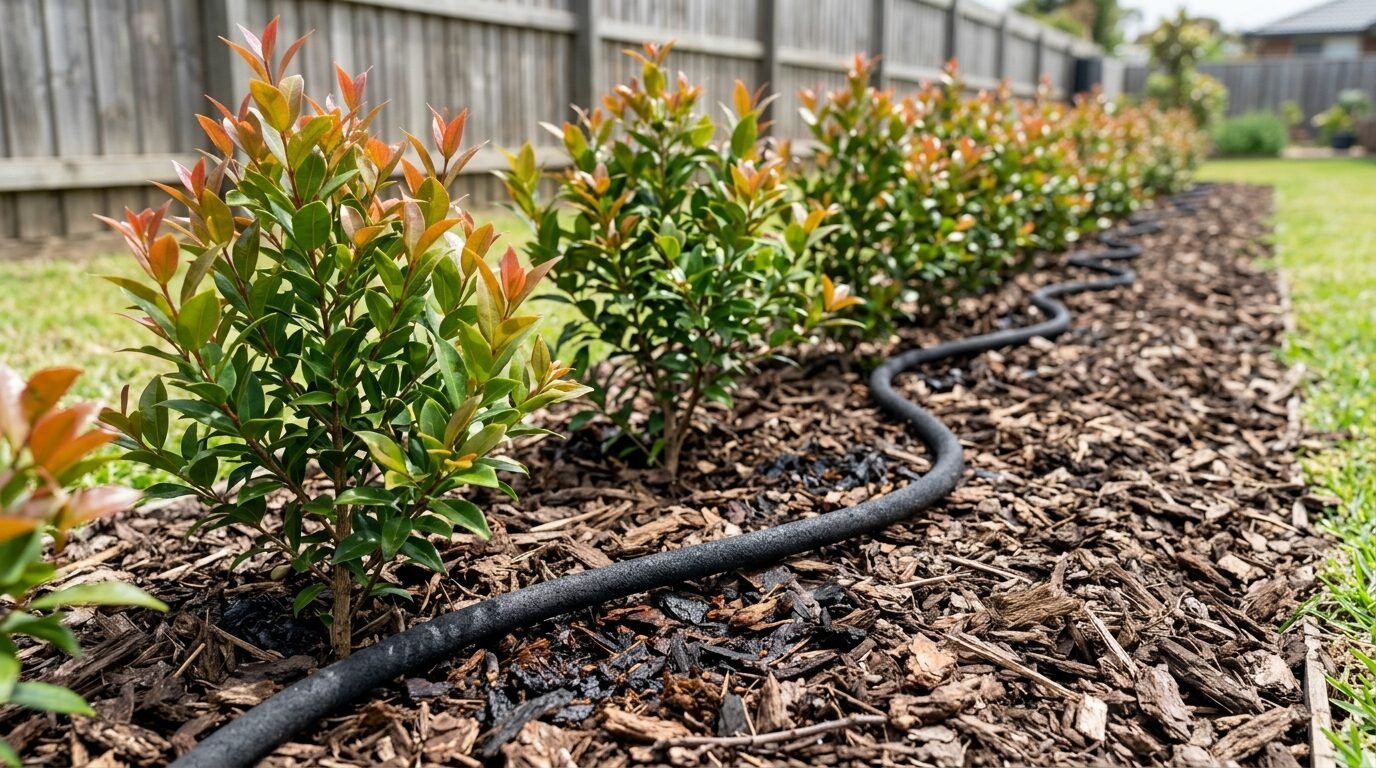 Soaker hose running along the base of a new Lilly Pilly hedge row