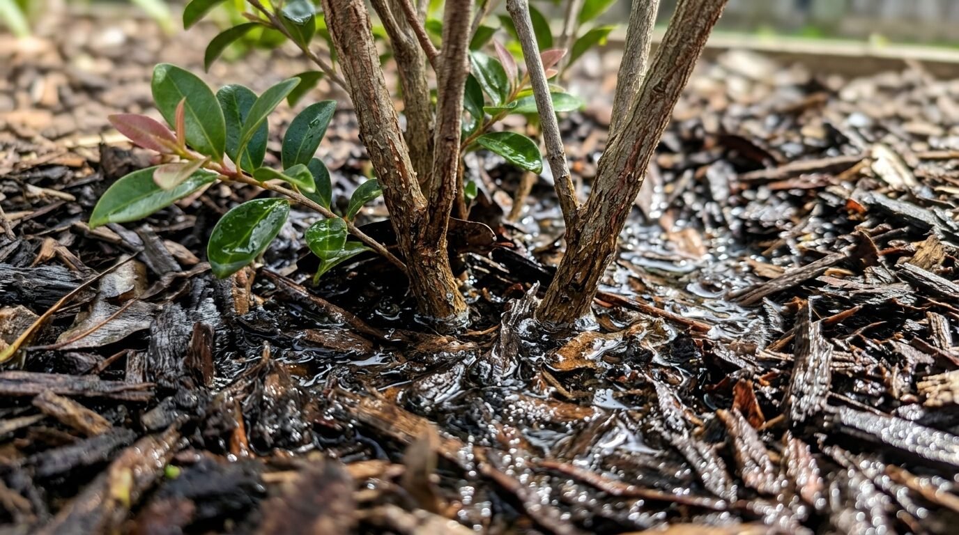 Water soaking deeply into mulched soil at the base of a Lilly Pilly