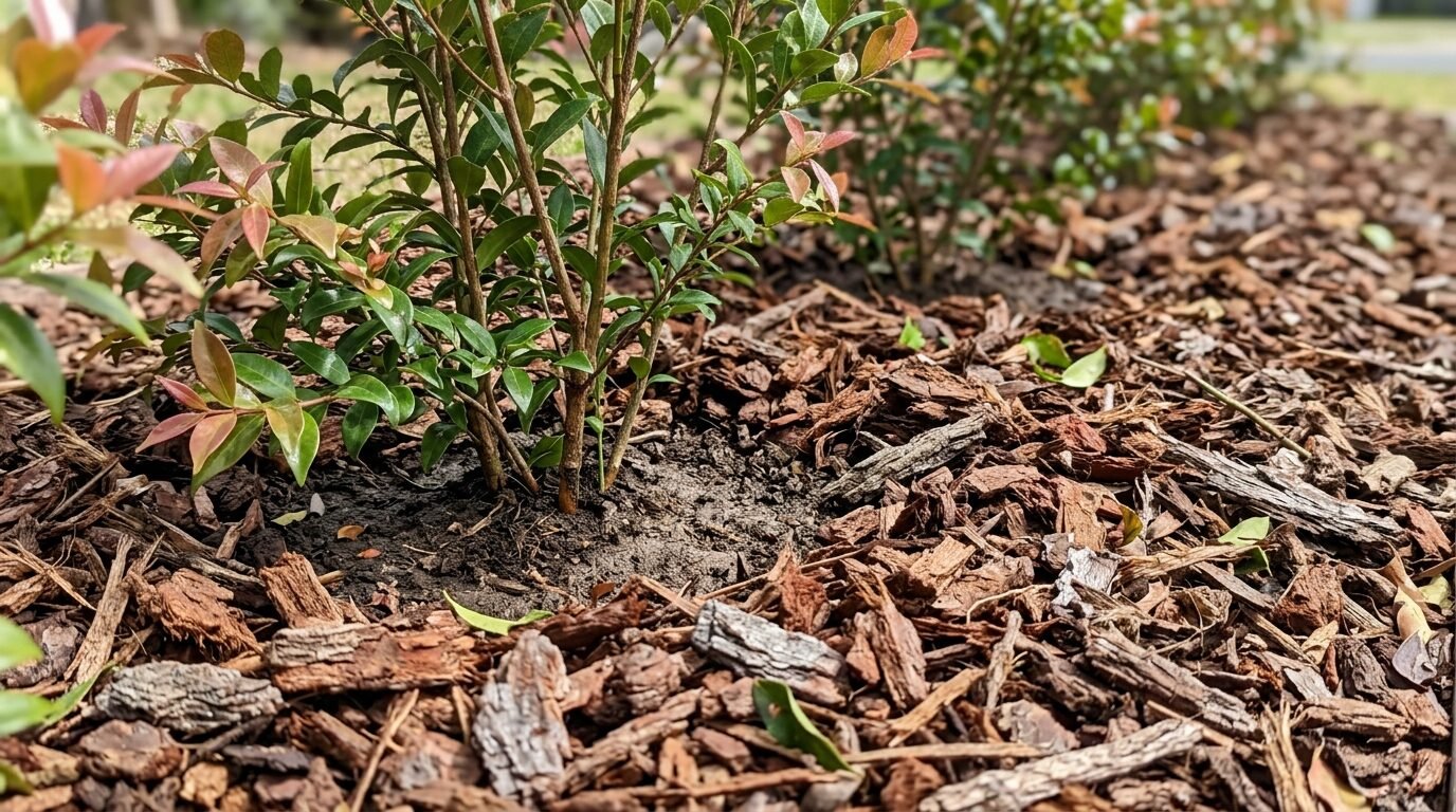 Bark mulch spread over the root zone of a Lilly Pilly hedge