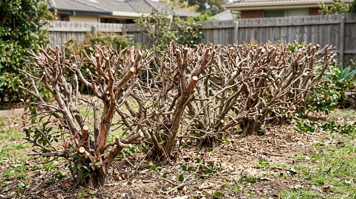 Lilly Pilly hedge hard-pruned back to bare stems for renovation