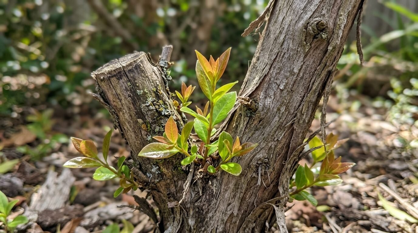Fresh green reshoots emerging low on old Lilly Pilly wood