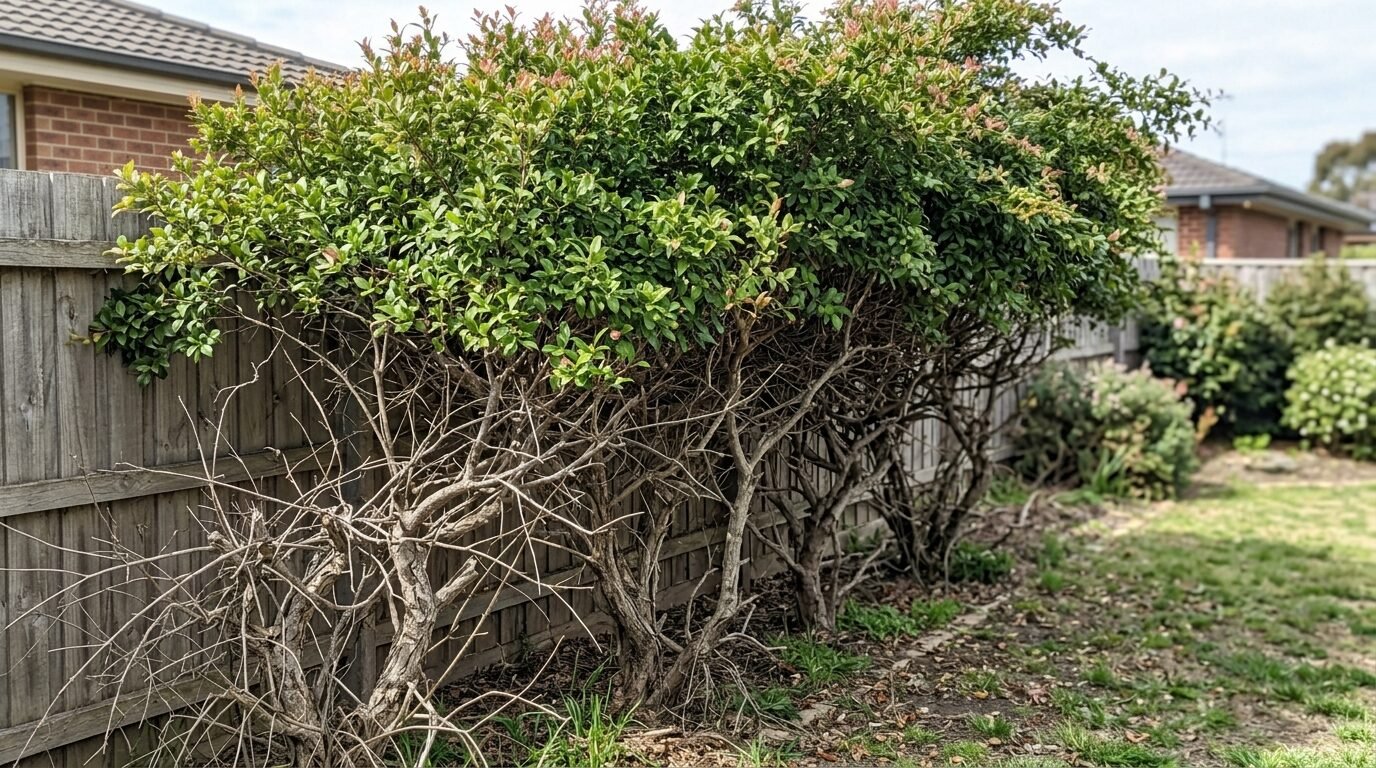 Dense Lilly Pilly hedge full of foliage right to the ground