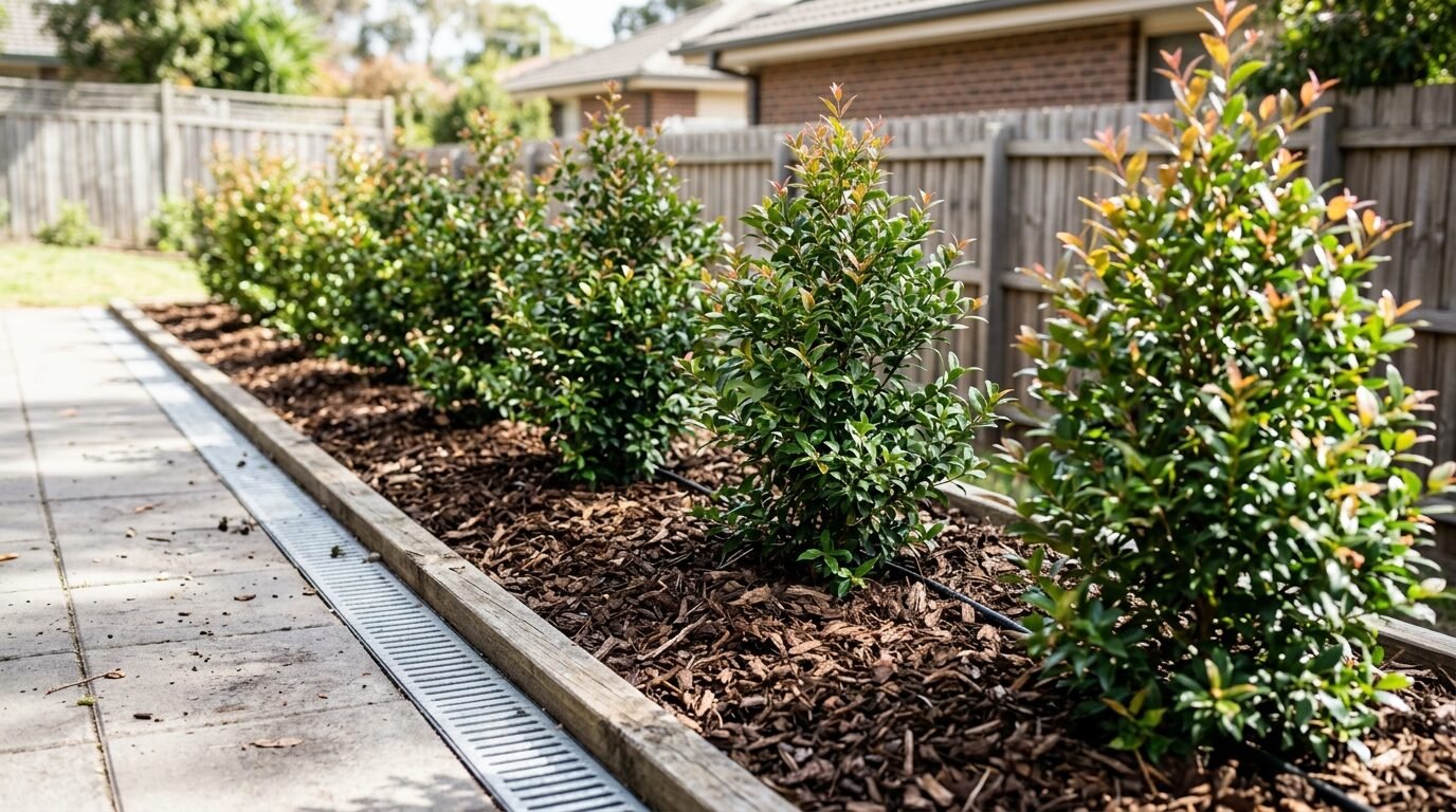 Young Lilly Pilly hedge planted a sensible distance back from paving